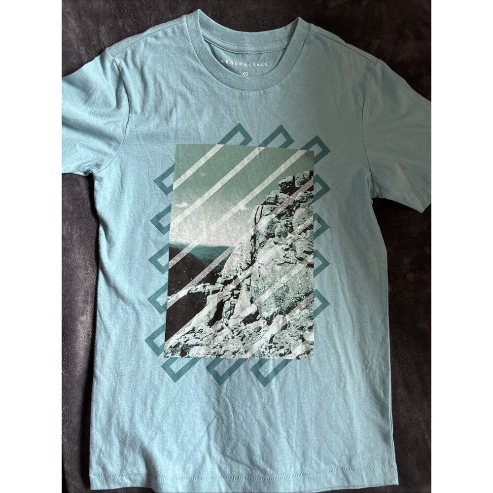 #90 Aeropostale Majestic Mountains Graphic Tee Unisex Size XS Teal/Blue